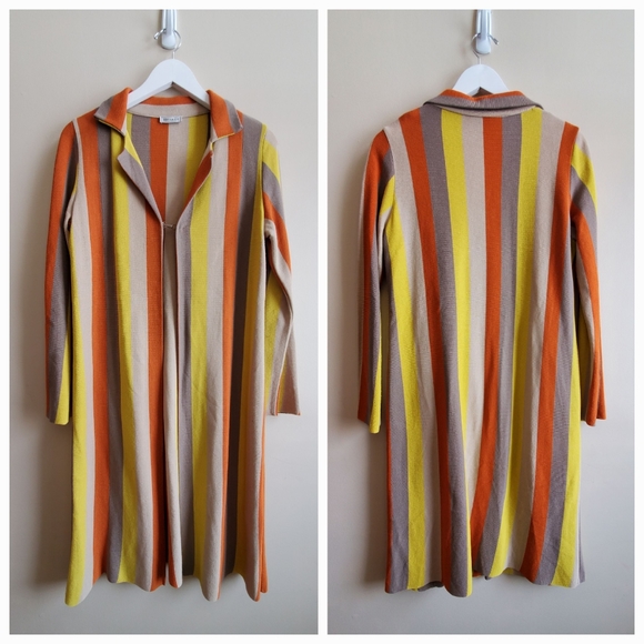 Vakko Women Collar Sweater Cardigan with hook, orange, yellow and tan stripes - Picture 2 of 14